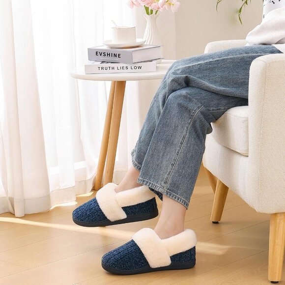 ⚡Women's Blue Fuzzy Memory Foam Slippers Closed Back Knit Slip-On House Shoes - Picture 2 of 5